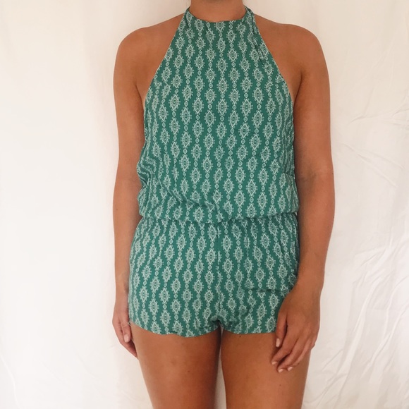 low back green halter romper - Picture 1 of 2